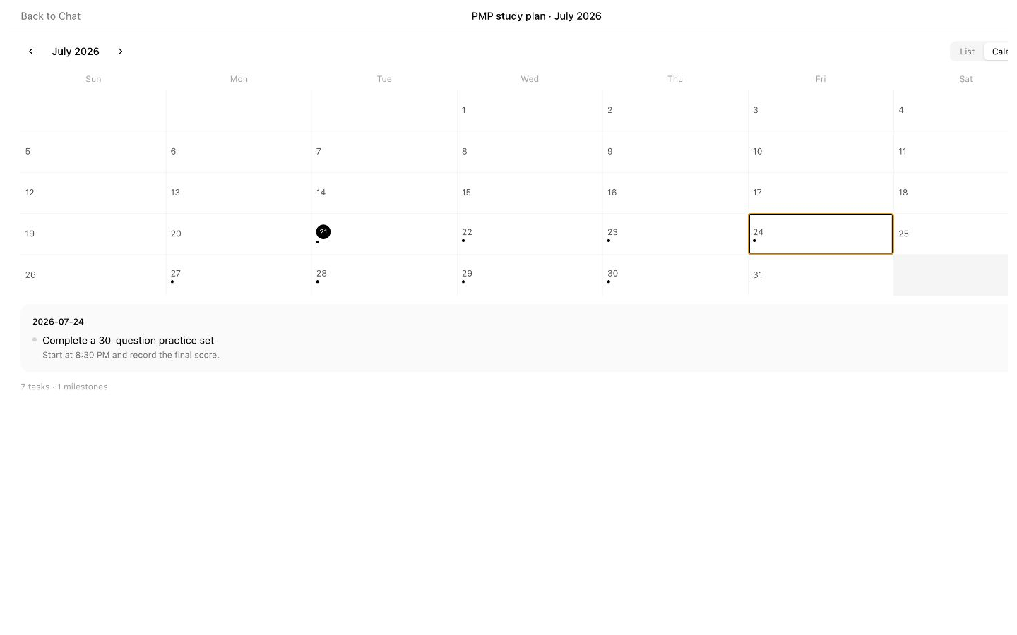 Actionwise calendar showing dated tasks for a seven-week PMP final-review plan.