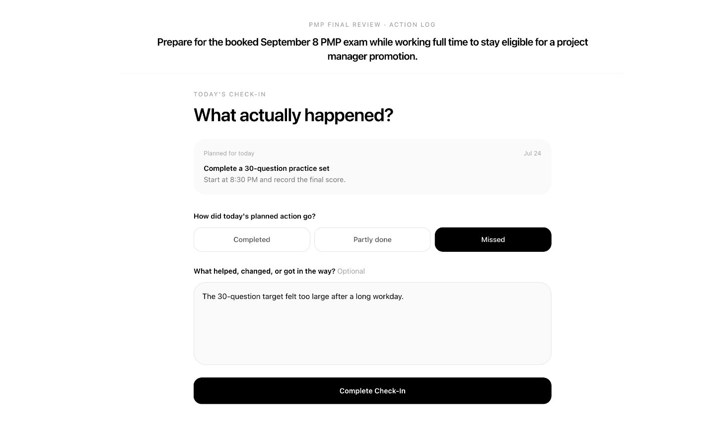 Actionwise daily check-in showing a missed PMP practice set and a fictional action log.